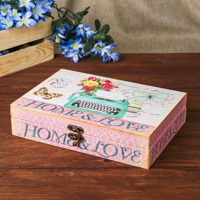Шкатулка дерево "Печатная ретро-машинка и букет цветов" 5,5х24х17 см