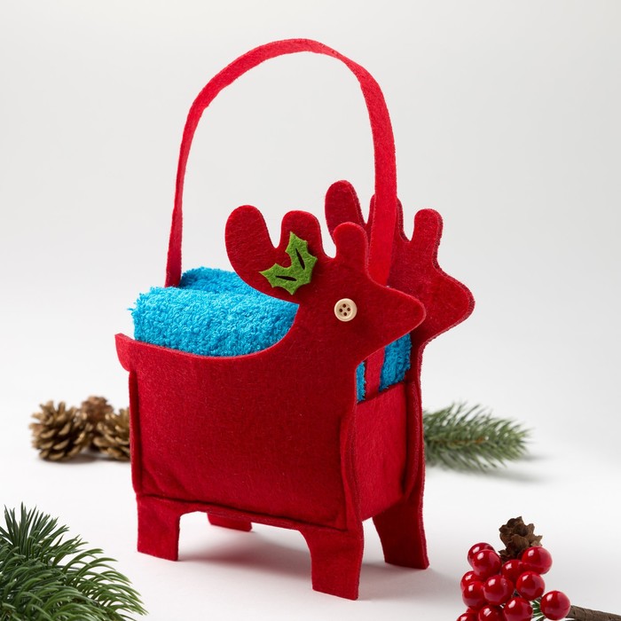 Наб.полотенец в корзинке "Новогодний олень" 30х30 см-2 шт, 100% хл, 300гр/м2