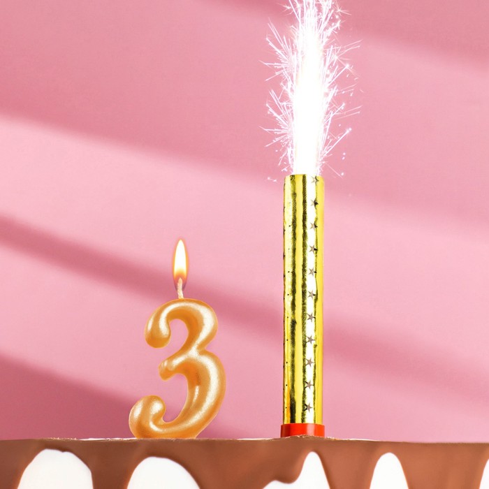 Свеча для торта цифра Овал + фонтан золотая 3
