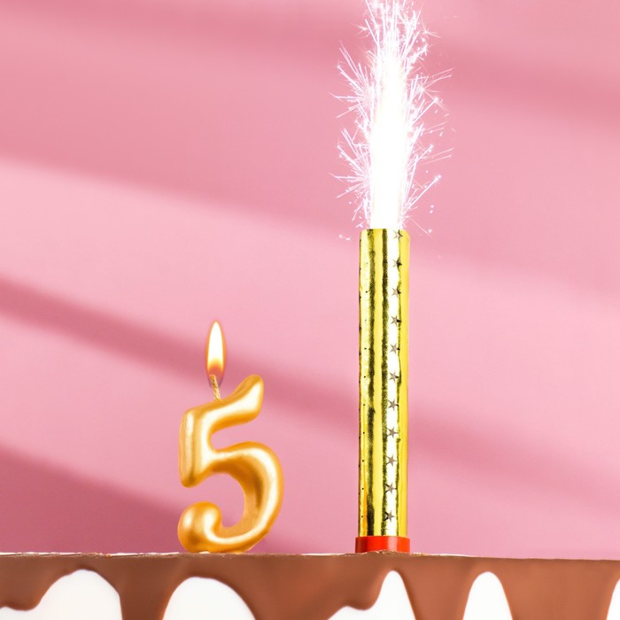 Свеча для торта цифра Овал + фонтан золотая 5