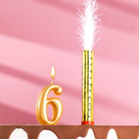 Свеча для торта цифра 'Овал + фонтан' золотая '6' Ош