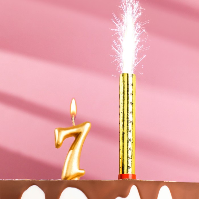 Свеча для торта цифра Овал + фонтан золотая 7