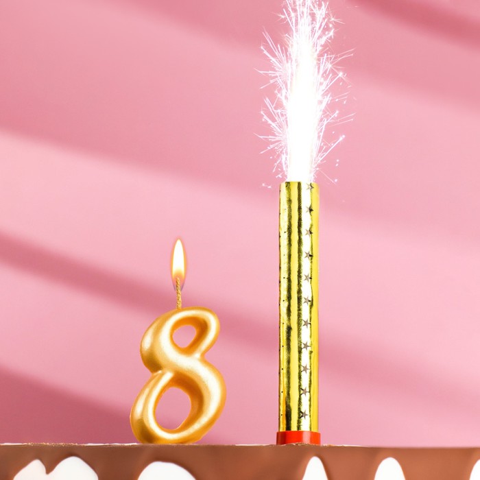 Свеча для торта цифра Овал + фонтан золотая 8