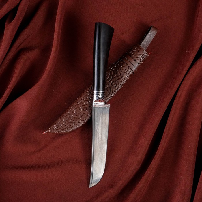 Нож Пчак Шархон, чёрная рукоять из граба (сухма), гарда из олова с гравировкой