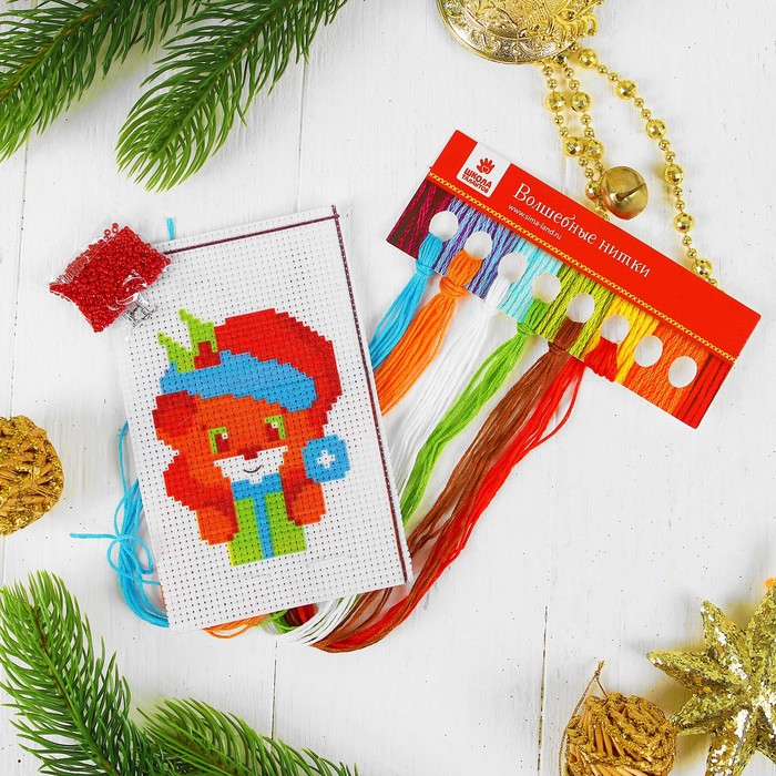 Новый год, вышивка крестиком в открытке "С Новым годом!", Мишка