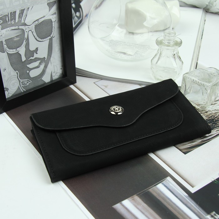 Кошелёк женский, 3 отдела, для карт, для монет, наружный карман, цвет чёрный