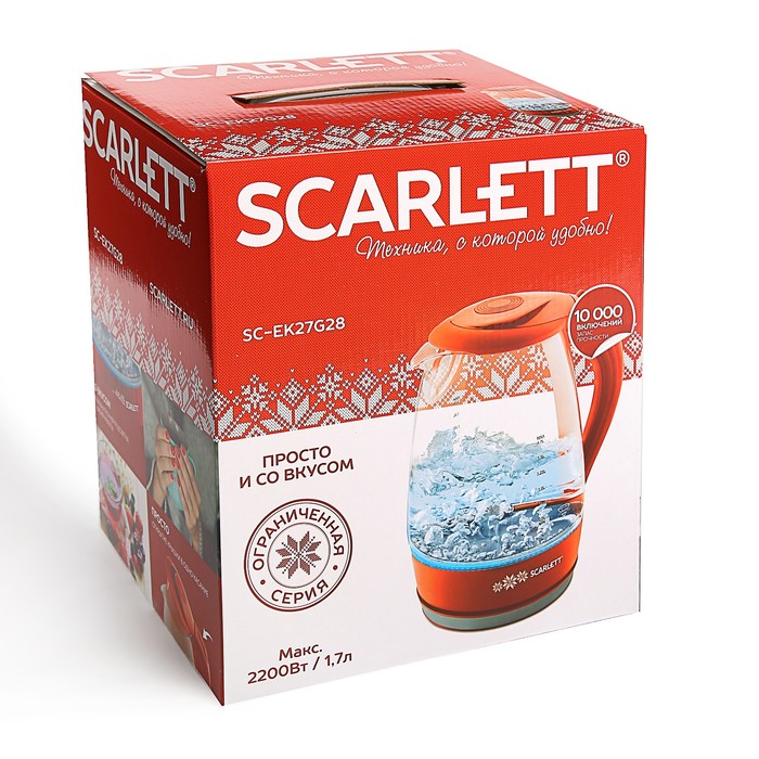 Чайник электрический Scarlett SC-EK27G28, 2200 Вт, 1.7 л, красный