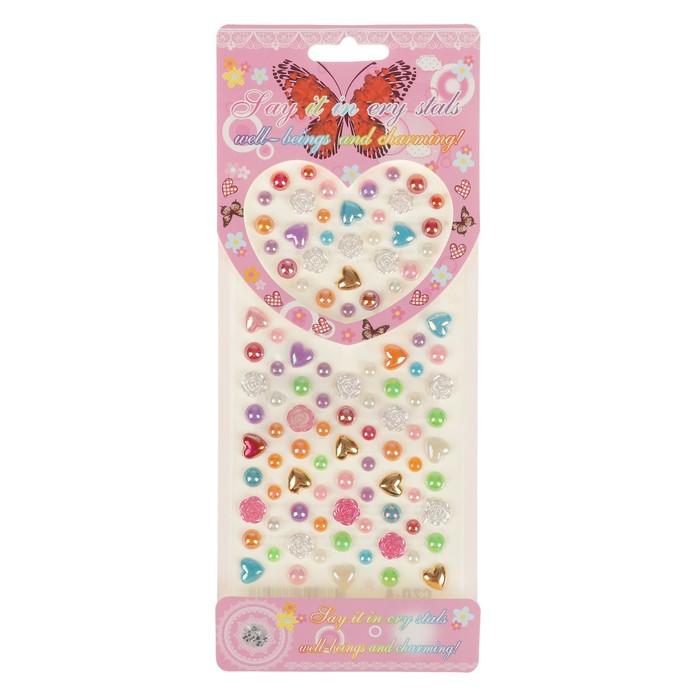 Наклейка пластик стразы "Сердечки и жемчужины" МИКС 24,5х10 см