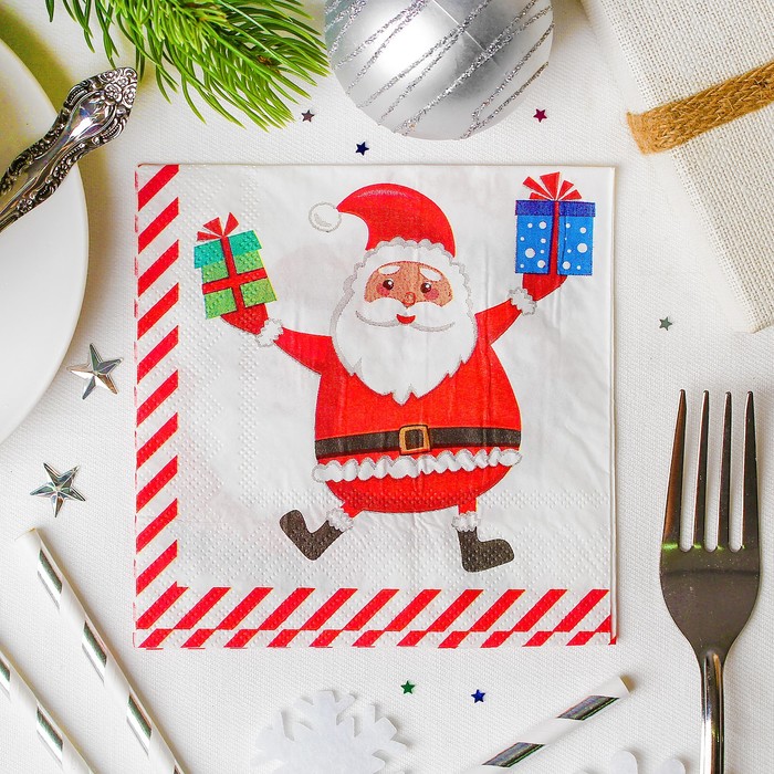 Салфетки "С Новым годом!" дед мороз с подарочками 25*25см