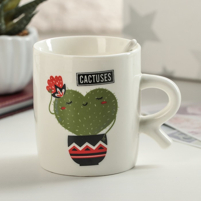 Кружка 200 мл "Влюбленный кактус", с ложкой, рисунок МИКС