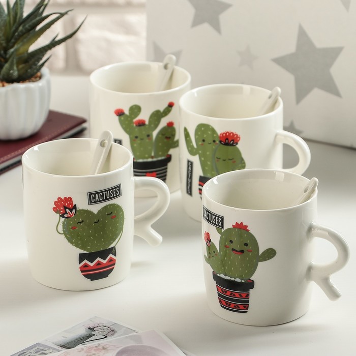 Кружка 200 мл "Влюбленный кактус", с ложкой, рисунок МИКС