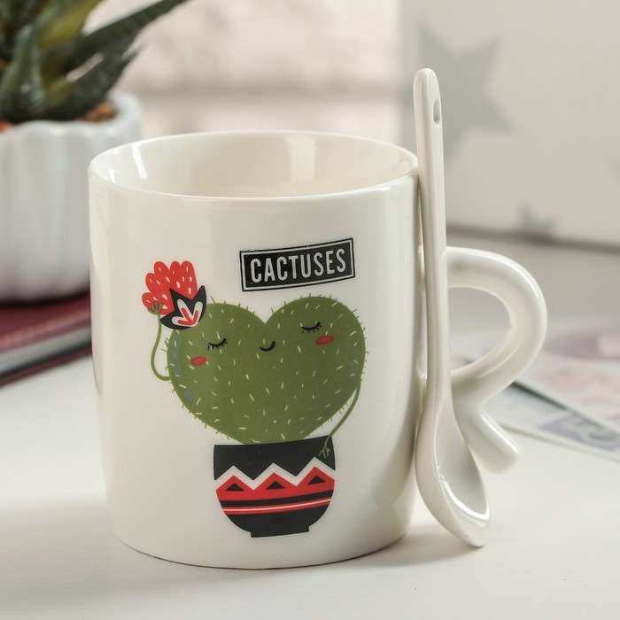 Кружка 200 мл "Влюбленный кактус", с ложкой, рисунок МИКС