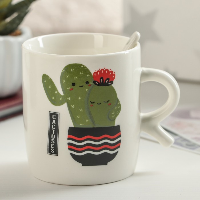 Кружка 200 мл "Влюбленный кактус", с ложкой, рисунок МИКС