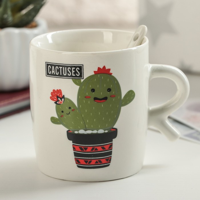 Кружка 200 мл "Влюбленный кактус", с ложкой, рисунок МИКС