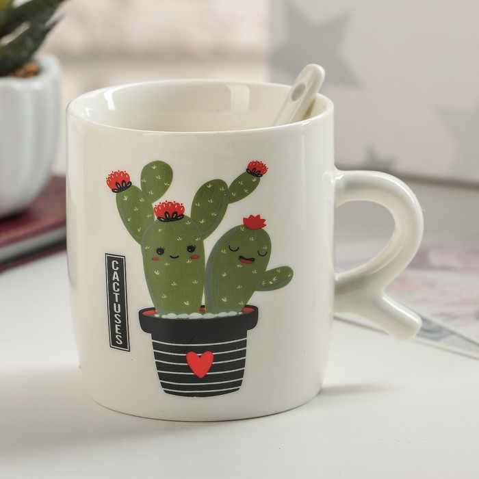 Кружка 200 мл "Влюбленный кактус", с ложкой, рисунок МИКС