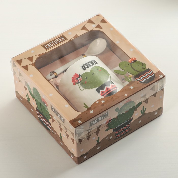 Кружка 200 мл "Влюбленный кактус", с ложкой, рисунок МИКС