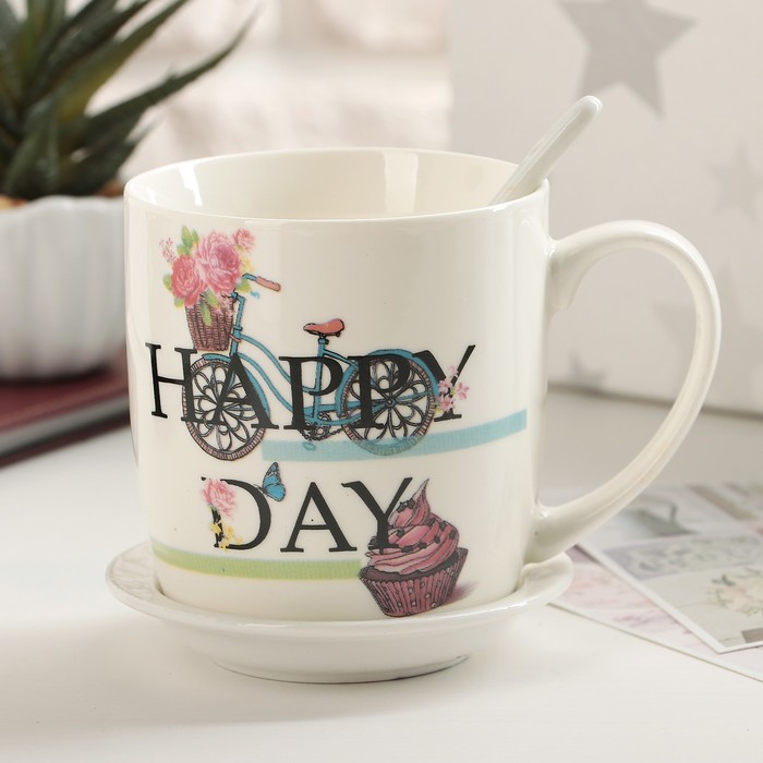 Кружка 320 мл "После чая", с подставкой и ложкой, рисунок МИКС