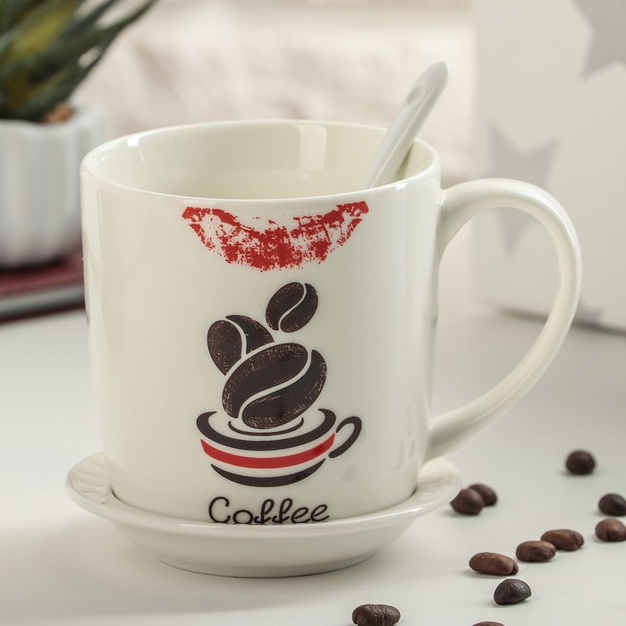 Кружка 320 мл "Кофейная любовь", с подставкой и ложкой, рисунок МИКС