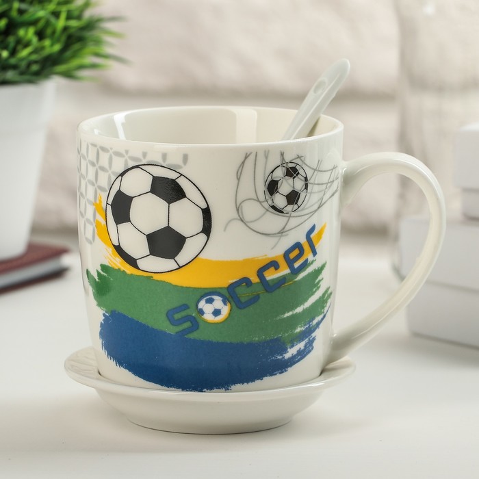 Кружка 320 мл "Футбол", с подставкой и ложкой, рисунок МИКС