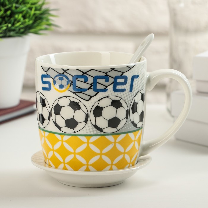 Кружка 320 мл "Футбол", с подставкой и ложкой, рисунок МИКС
