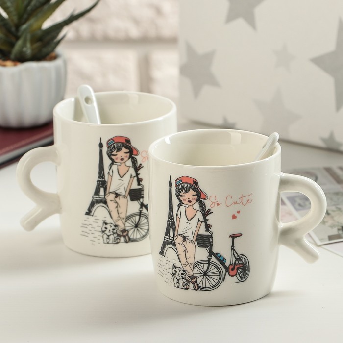 Набор кружек 200 мл "Хороший день", 2 шт, с ложками, рисунок МИКС