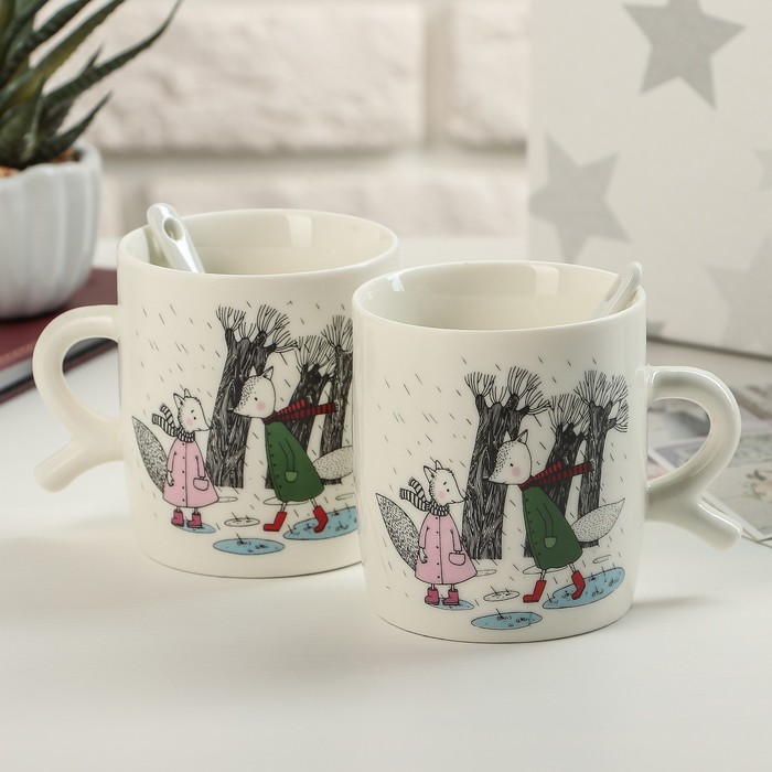 Набор кружек с ложками "Нежность" 2 кружки 200 мл, 2 ложки, рисунок МИКС