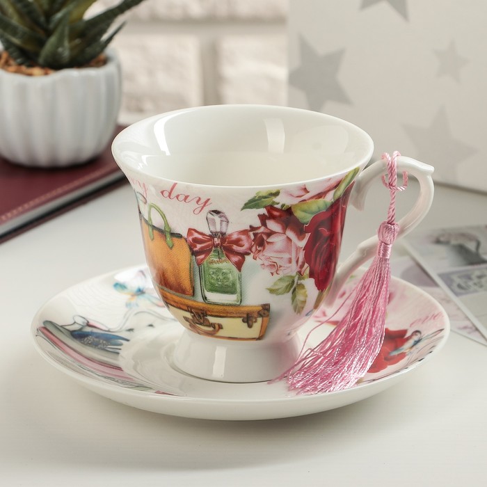 Чайная пара 200 мл "Модница", блюдце 15,5х2,3 см, рисунок МИКС