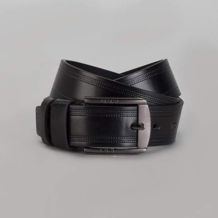 Ремень мужской, пряжка тёмный металл, ширина - 4 см, цвет чёрный