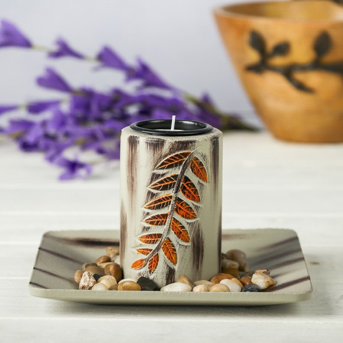 Подсвечник дерево 1 свеча "Пальмовая ветвь" свеча в комплекте+камушки 10х15,3х15,3 см