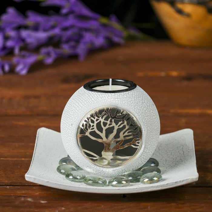 Подсвечник дерево 1 свеча с подсветкой "Дерево" свеча в комплекте+камушки 9,5х14,8х14,8 см
