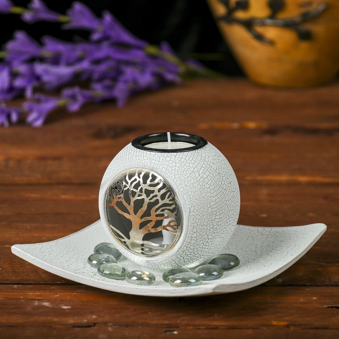 Подсвечник дерево 1 свеча с подсветкой "Дерево" свеча в комплекте+камушки 9,5х14,8х14,8 см