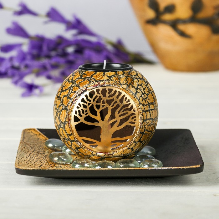 Подсвечник дерево 1 свеча с подсветкой "Дерево" свеча в комплекте+камушки 9,5х14,8х14,8 см