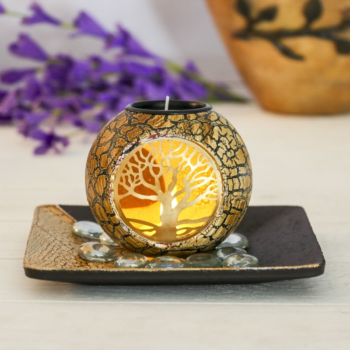 Подсвечник дерево 1 свеча с подсветкой "Дерево" свеча в комплекте+камушки 9,5х14,8х14,8 см