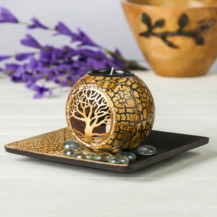 Подсвечник дерево 1 свеча с подсветкой "Дерево" свеча в комплекте+камушки 9,5х14,8х14,8 см