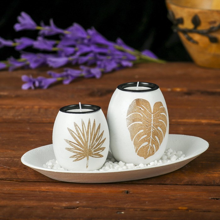 Подсвечник дерево 2 свечи "Пальмовые листья" свеча в комплекте+камушки 10х22х12,5 см