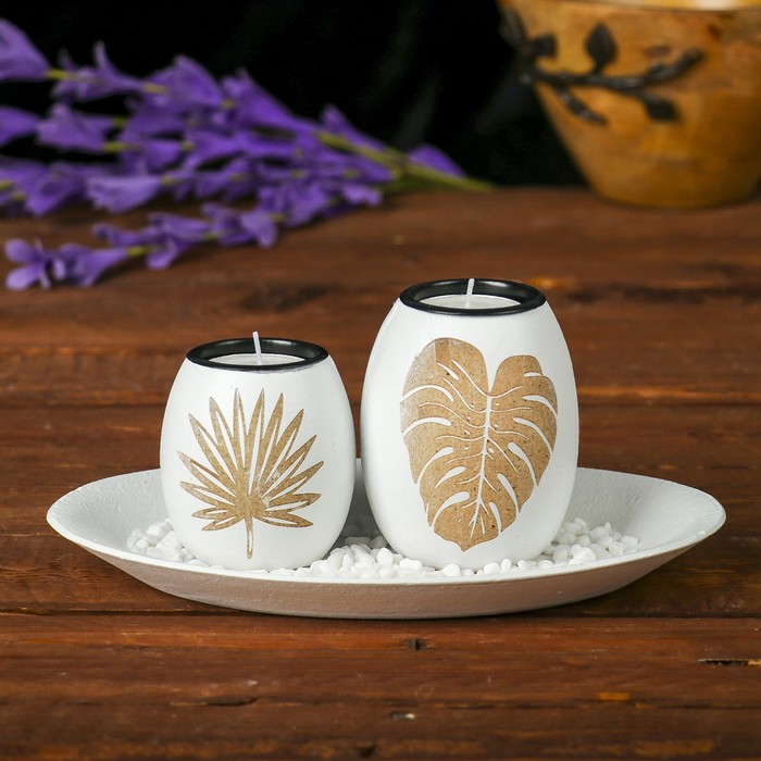 Подсвечник дерево 2 свечи "Пальмовые листья" свеча в комплекте+камушки 10х22х12,5 см