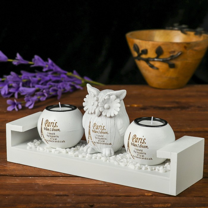 Подсвечник МДФ 2 свечи "Совушка и Эйфелева башня" свеча в комплекте+камушки 9х21х11,3 см