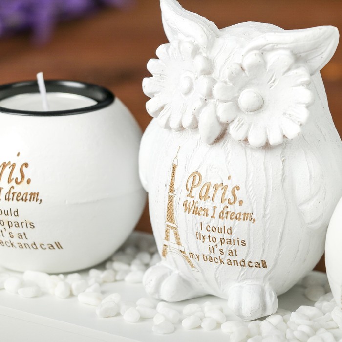 Подсвечник МДФ 2 свечи "Совушка и Эйфелева башня" свеча в комплекте+камушки 9х21х11,3 см