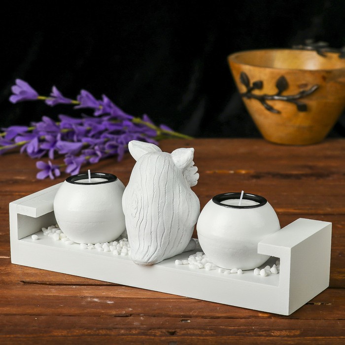 Подсвечник МДФ 2 свечи "Совушка и Эйфелева башня" свеча в комплекте+камушки 9х21х11,3 см