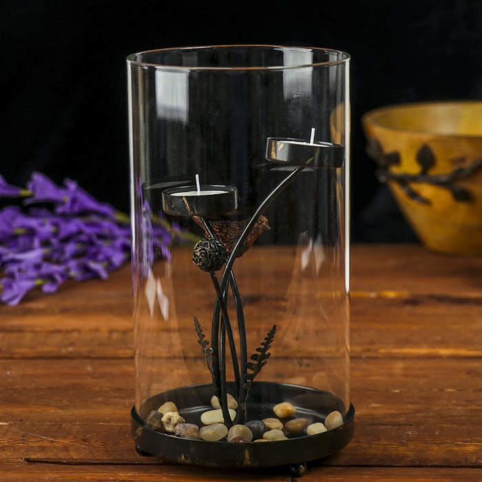 Подсвечник металл, стекло "Птица/Сухоцветы" с камушками МИКС 22х12х12 см