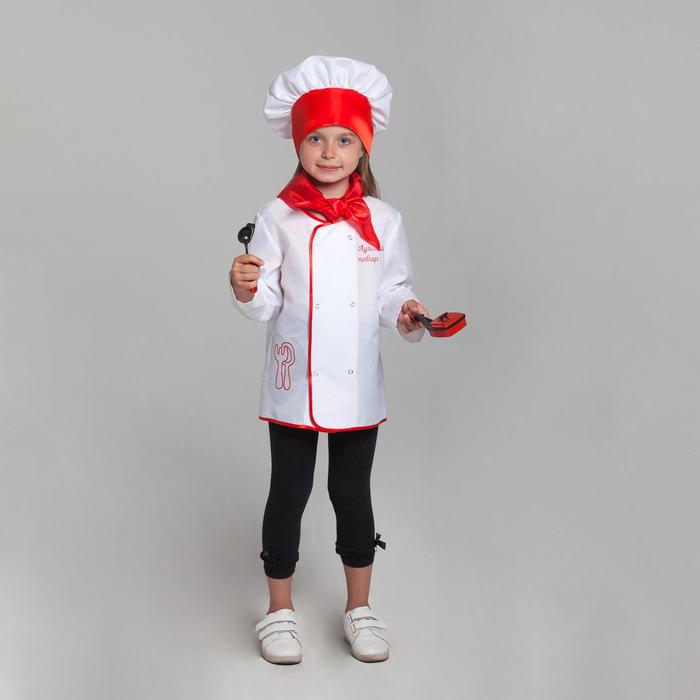 фото Карнавальный костюм "лучший повар", куртка, колпак, платок, посуда, р-р 34, рост 134-140 см страна карнавалия