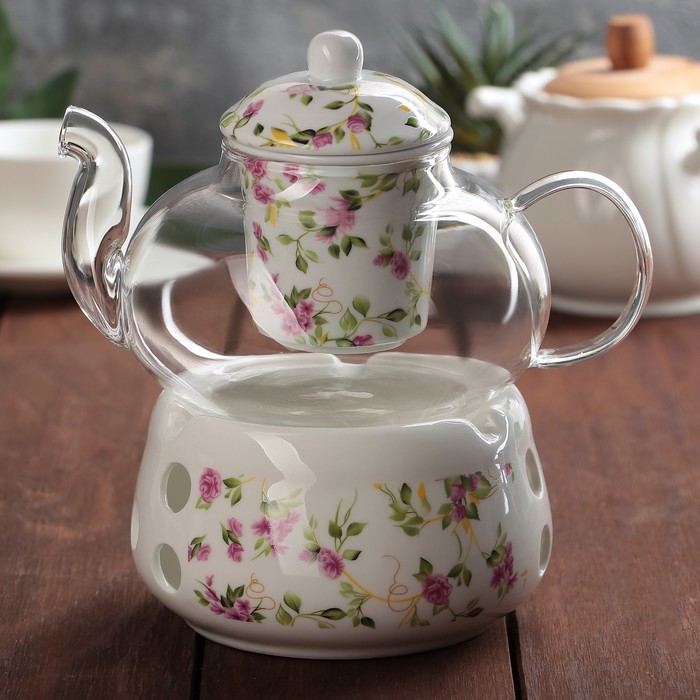 Чайник заварочный 800 мл "Прованс", с керамическим ситом и подставкой для подогрева