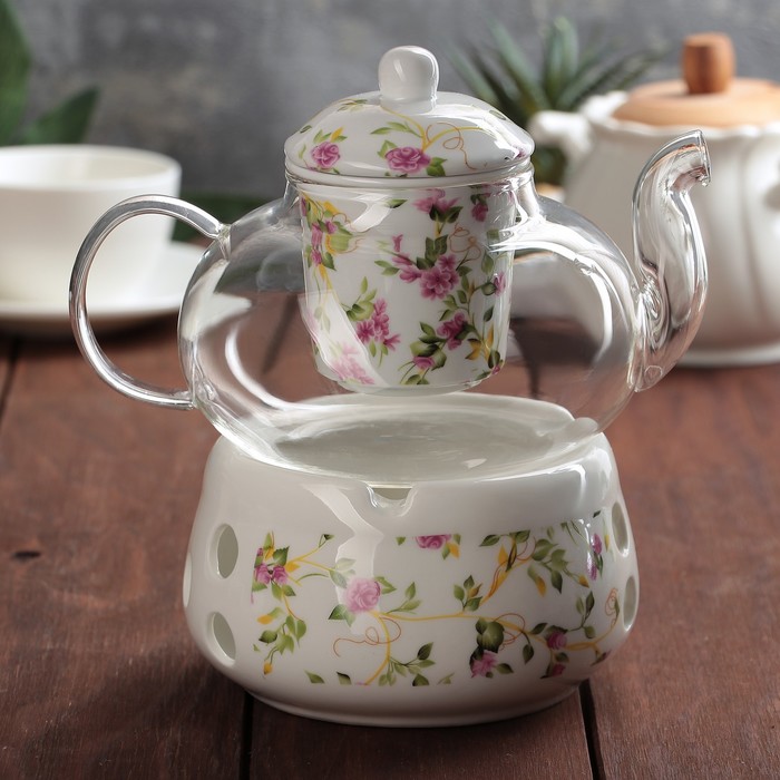 Чайник заварочный 800 мл "Прованс", с керамическим ситом и подставкой для подогрева