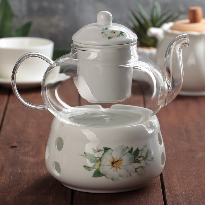 Чайник заварочный 800 мл "Яблоня", с керамическим ситом и подставкой для подогрева
