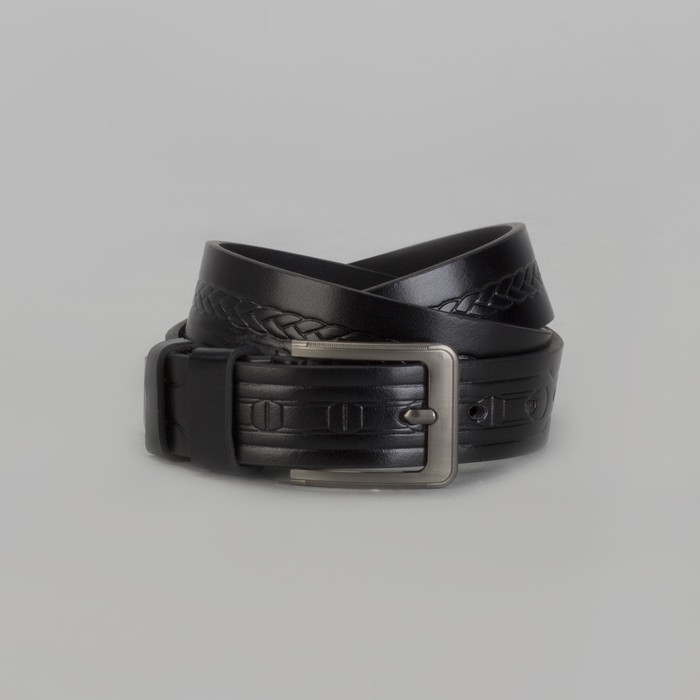 Ремень мужской, пряжка матовый тёмный металл, ширина - 3,5 см, цвет чёрный