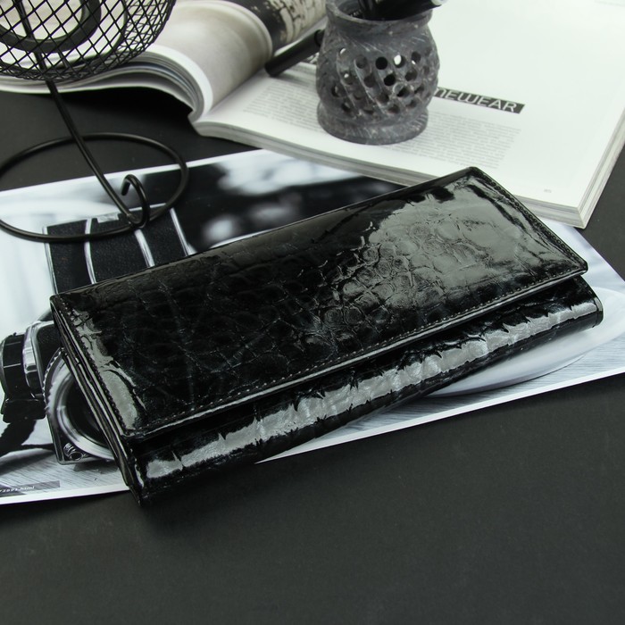 Кошелёк женский, 2 отд рамка, 3 отдела, для карт на клапане, цвет чёрный