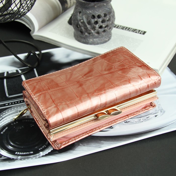 Кошелёк женский, 3 отдела, для карт, 2 отд рамка, цвет пудровый