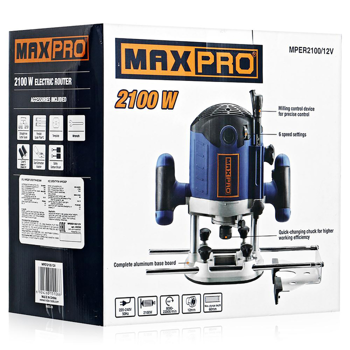Фрезер MAX-PRO 85230, 2100 Вт, 8000-23500 об/мин, цанга 6/8/12 мм, 60 мм, алюм. корпус