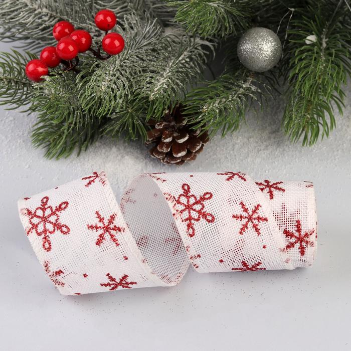 Лента холщовая "Снежинки", 55мм, 4,6±1м, цвет красный/белый