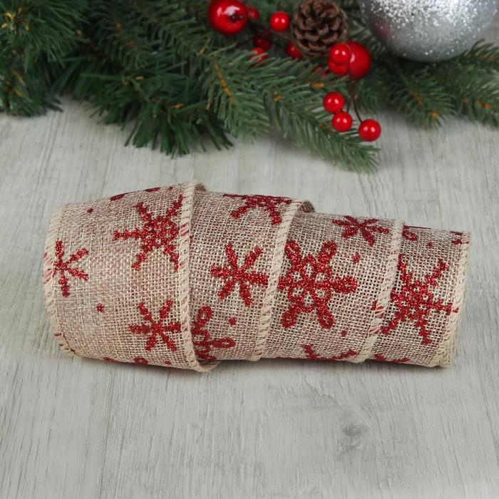 Лента холщовая "Снежинки", 55мм, 4,6±1м, цвет красный/бежевый
